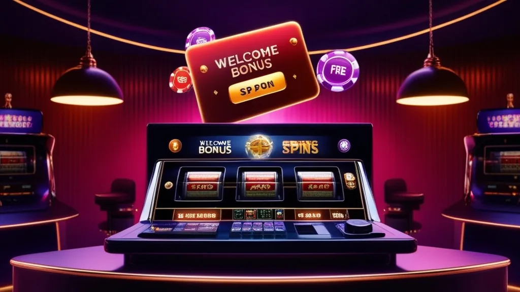 Carte de bonus de bienvenue et icônes de spins gratuits au-dessus d’une machine à sous