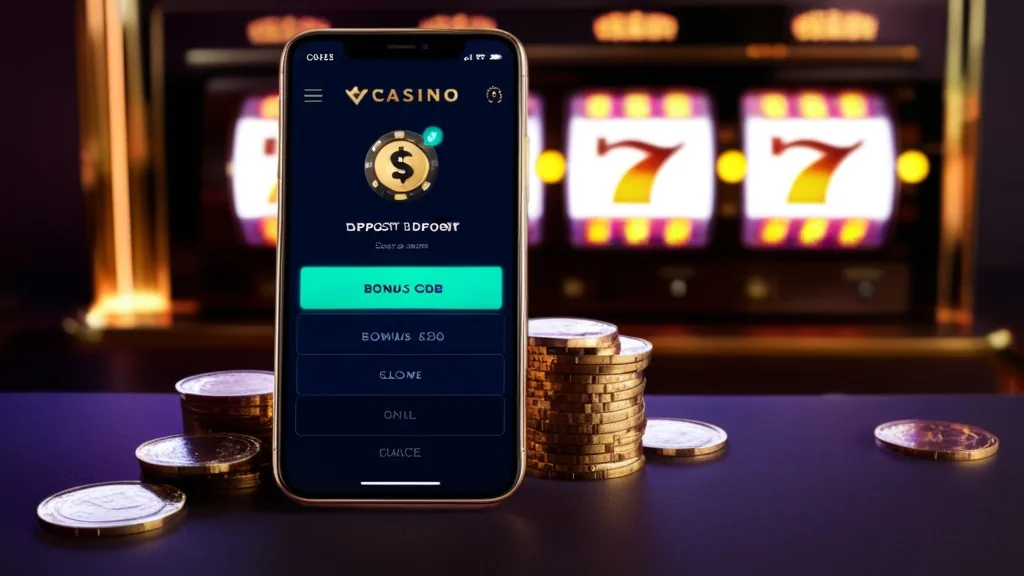 Écran de dépôt avec champ de code bonus et ambiance casino sombre