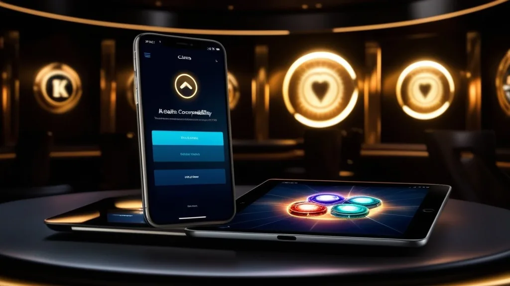 Smartphone et tablette montrant une compatibilité mobile dans un casino sombre