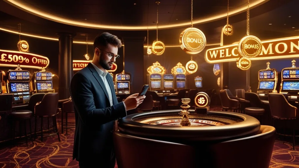 Bannières de bonus dans un casino sombre avec un joueur consultant son téléphone