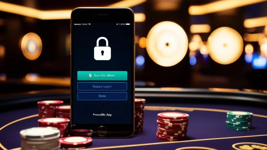 Écran de connexion sécurisé sur smartphone dans un décor de casino sombre