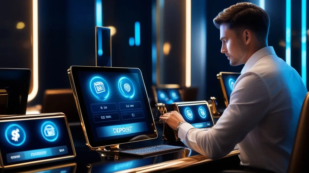 Terminal de paiement de casino avec écran de dépôt et lumières néon