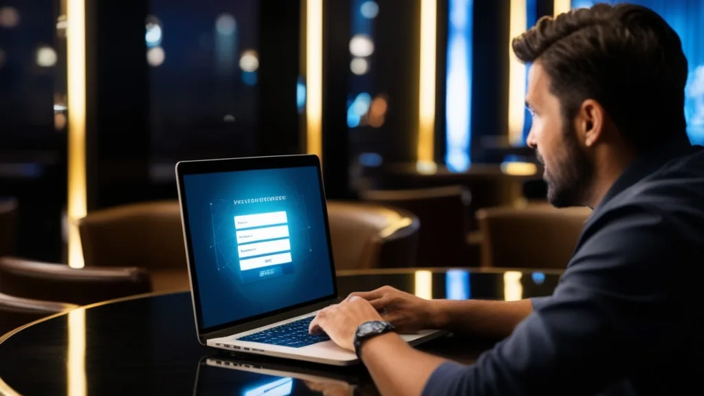 Utilisateur face à un écran de connexion avec message d’erreur dans un décor de casino