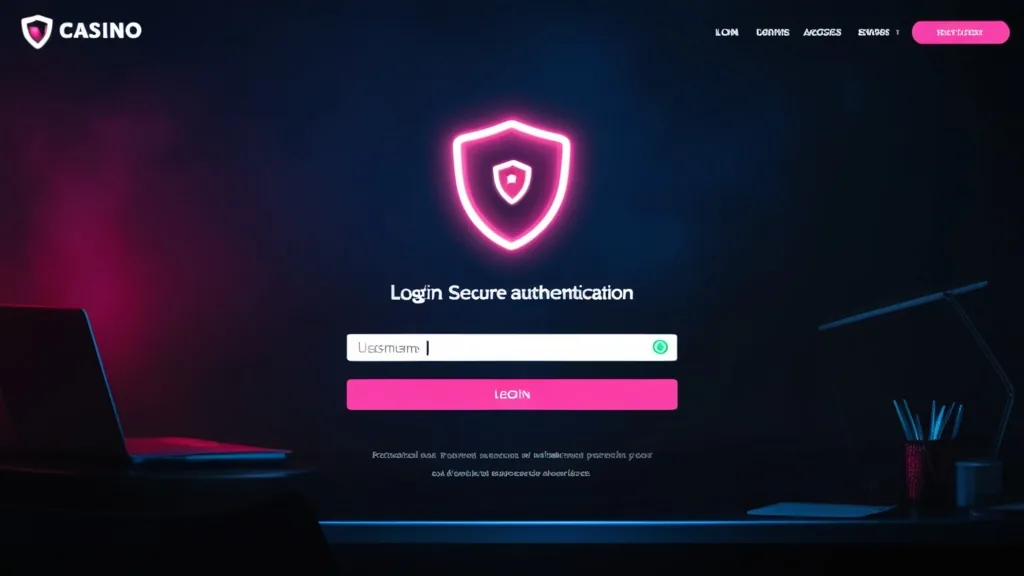 Écran de connexion sécurisé avec bouclier dans une ambiance de casino