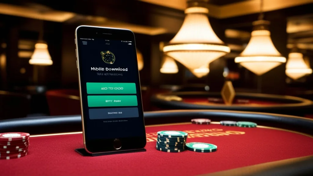 Téléphone mobile affichant un téléchargement de l'application dans un casino sombre