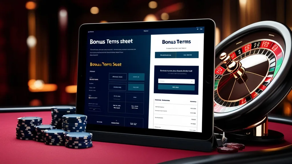 Conditions de bonus affichées sur tablette avec jetons et roulette